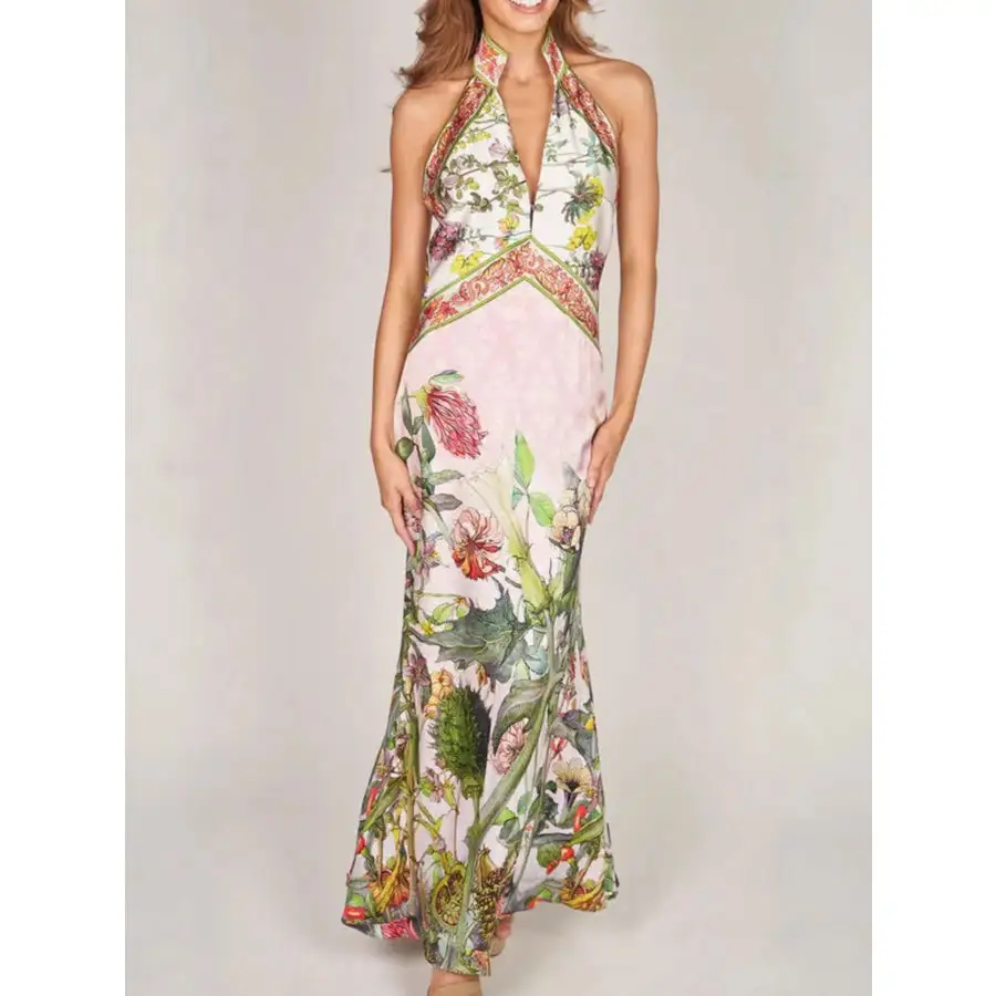 Printed Halter Neck Backless Maxi Dress