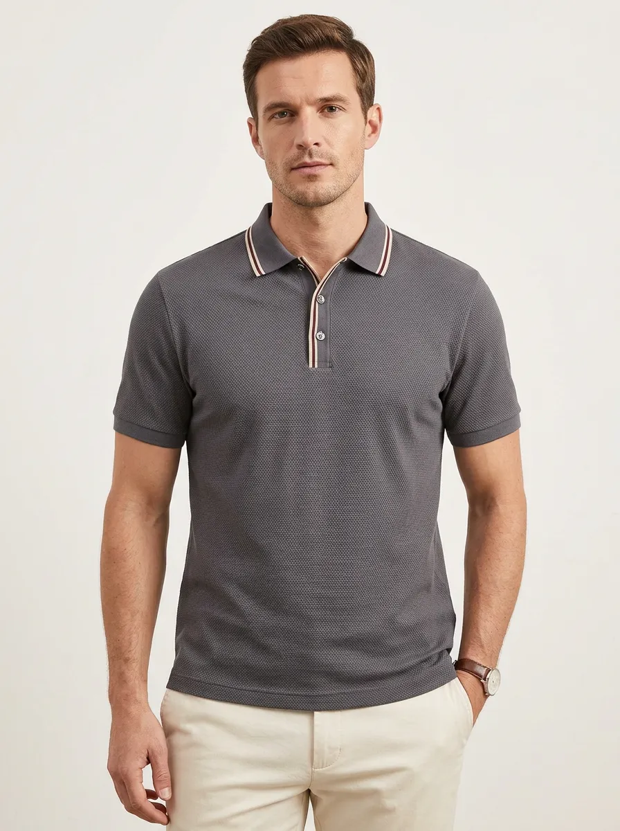 Men's Casual Business Textured Grey Striped Collar Polo Shirt