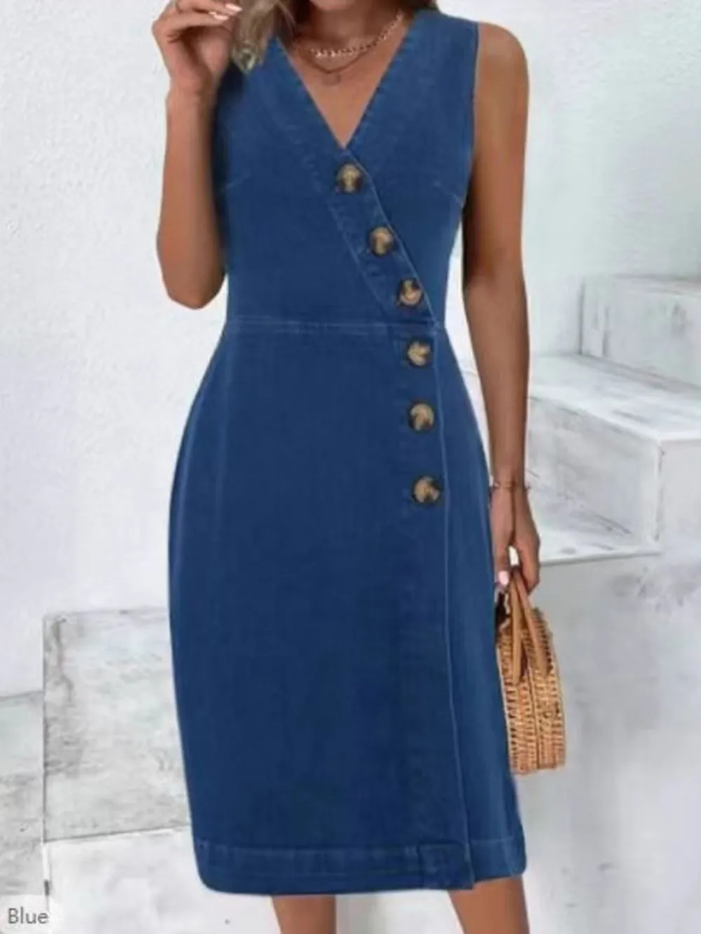 Relaxed Shape Denim Button Front Sleeveless Dress