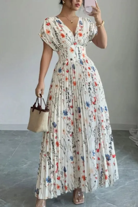 Floral Print Pleated Maxi Dress