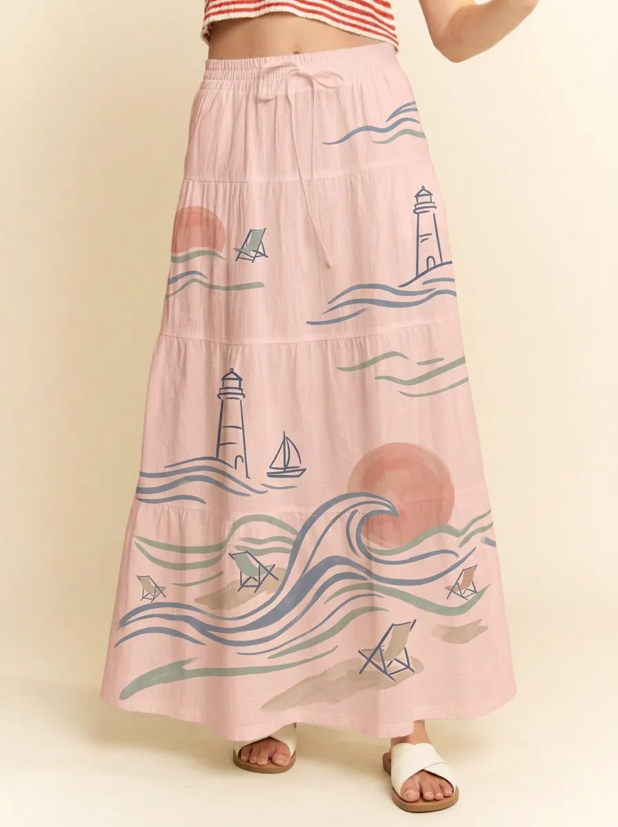 Women's Coastal Lighthouse Ocean Wave Graphic Maxi Skirt