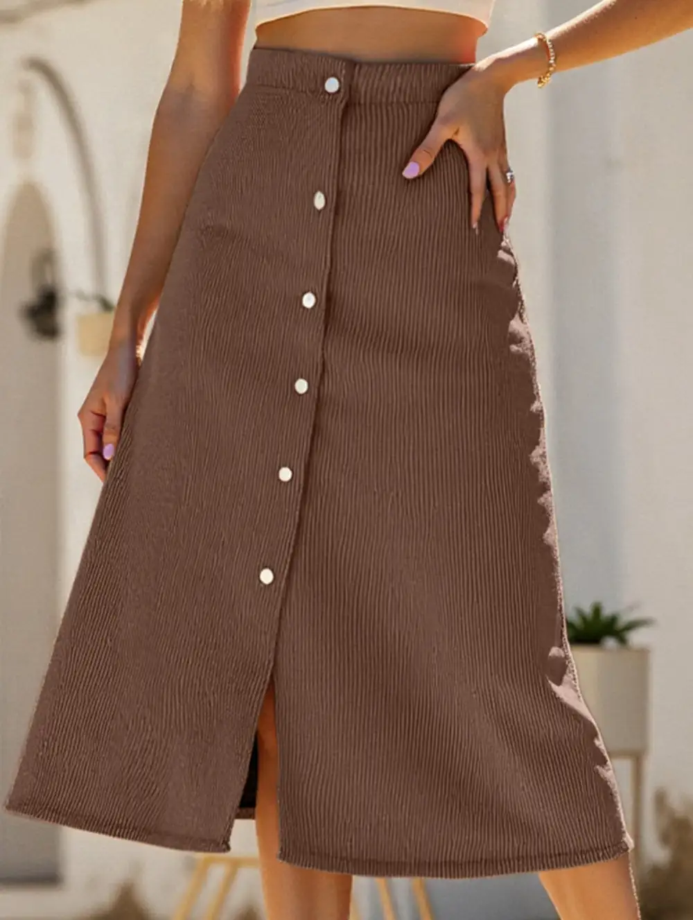 Corduroy Button Front Midi Skirt