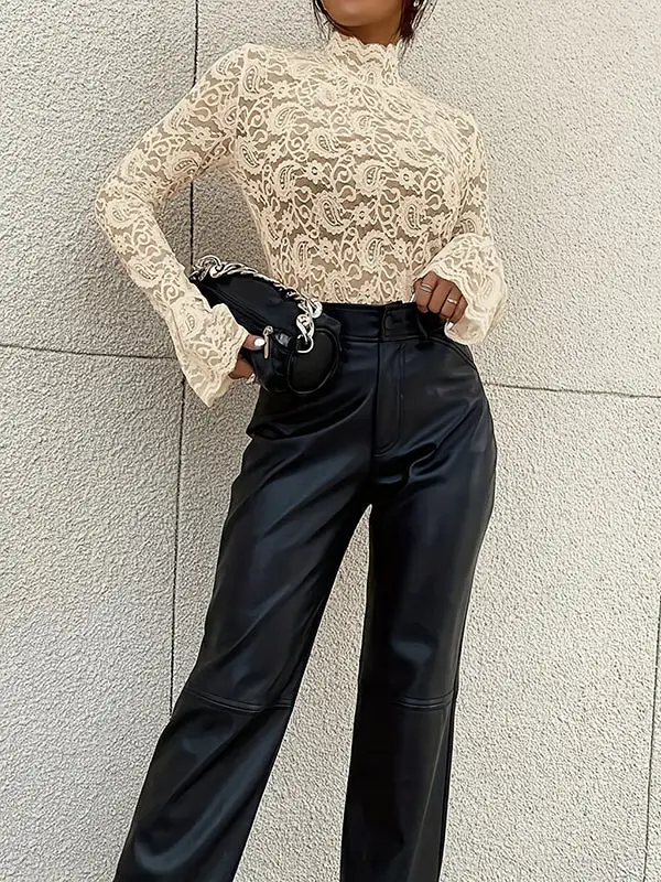 Sheer Panel Detail Mock Neck Flared Sleeve Long Sleeve T-Shirt