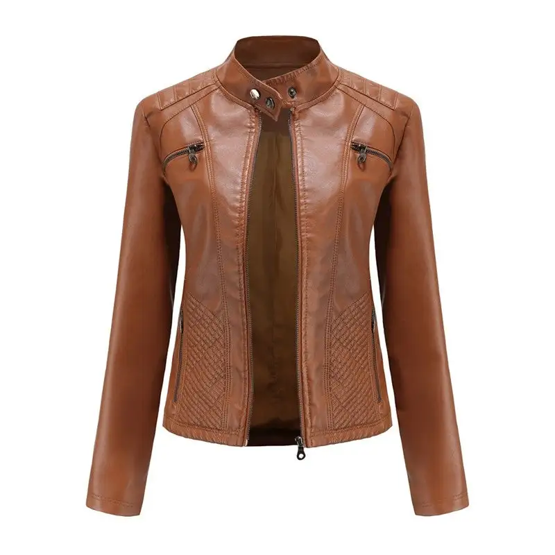 Relaxed Stand-Collar Faux-Leather Leather Casual Outerwear Jacket