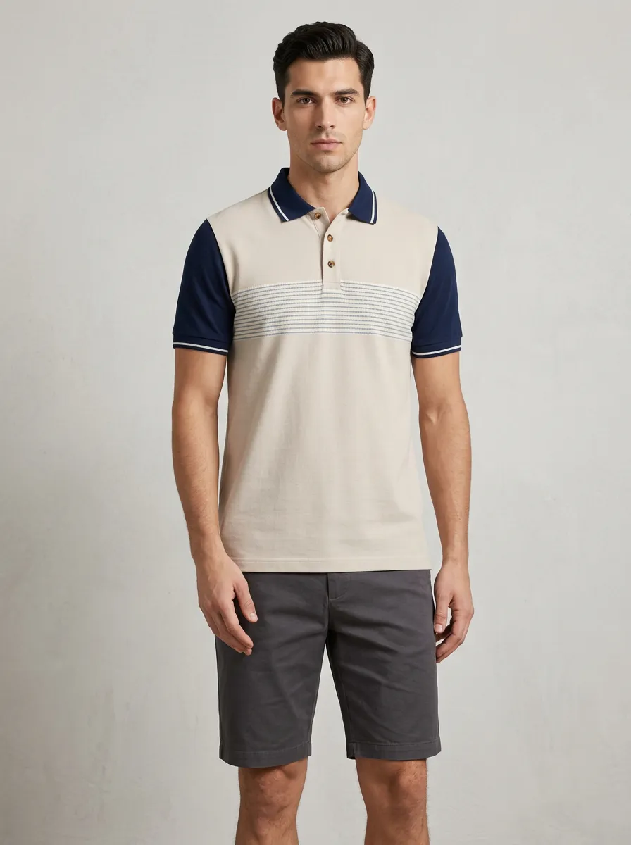 Men's Casual Colorblock Striped Pattern Printed Polo Shirt