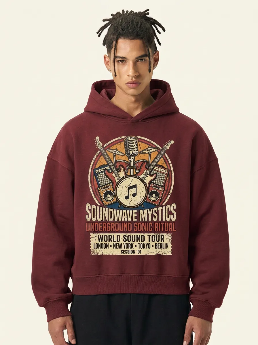 Men's Rock Band Music Lover Guitar Microphone Printed Hoodie