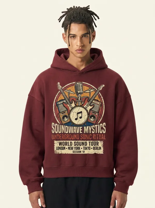 Men's Rock Band Music Lover Guitar Microphone Printed Hoodie
