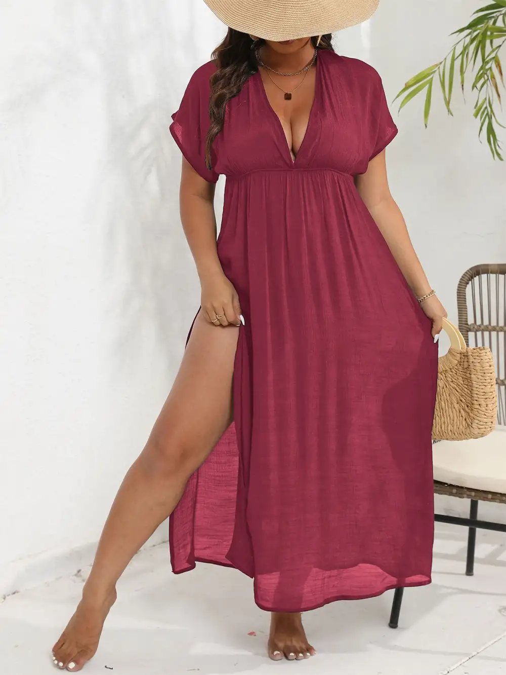 Women's V-Neck Slit Beach Dress