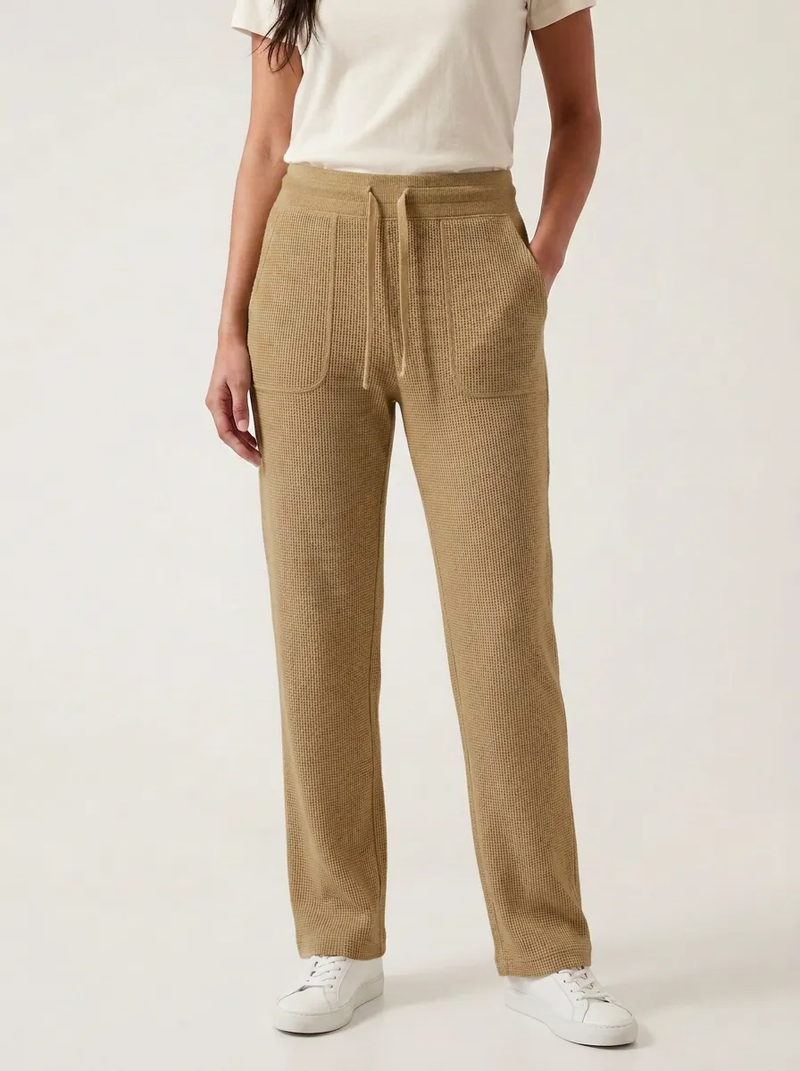 Women's Casual Beige Waffle Knit Drawstring Lounge Pants