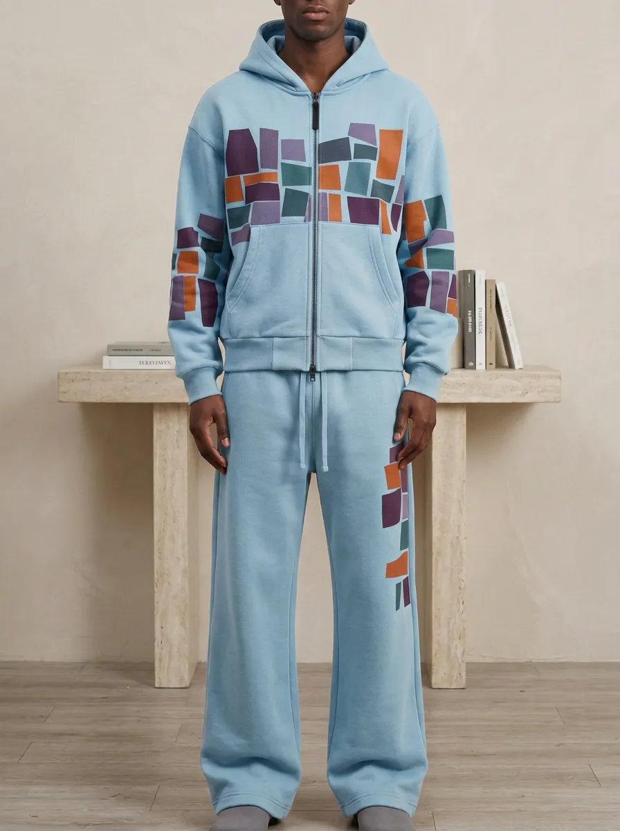 Men's Geometric Block Pattern Printed Hooded Tracksuit