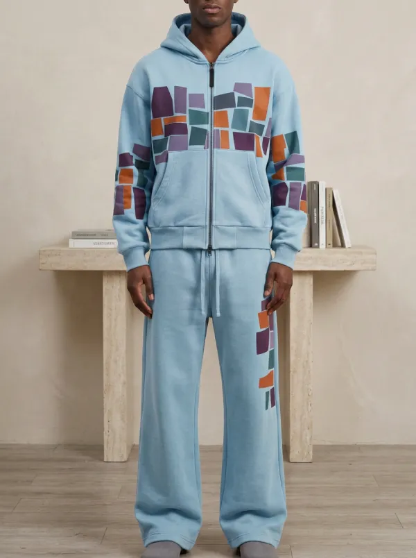 Men's Geometric Block Pattern Printed Hooded Tracksuit