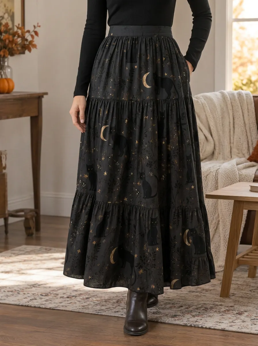 Women's Halloween Witchy Black Cat Moon High Waist Maxi Skirt