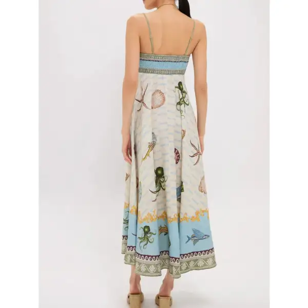 Ocean Print Spaghetti Strap Midi Dress
