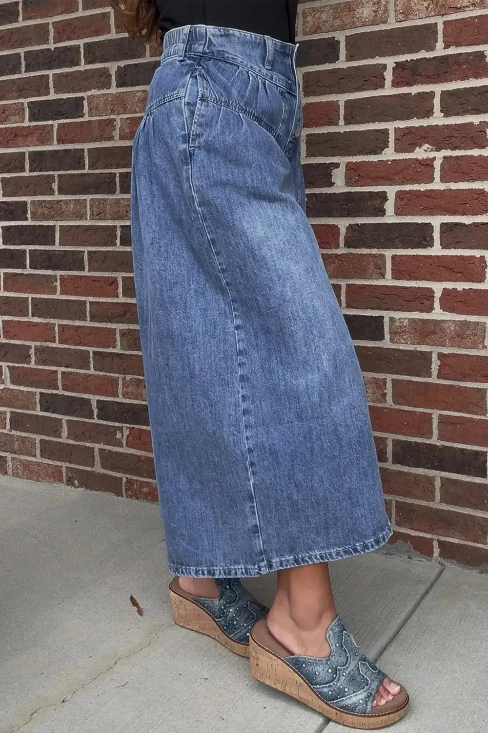Women's High Rise Buttons Pleated Cropped Wide Leg Denim Pants
