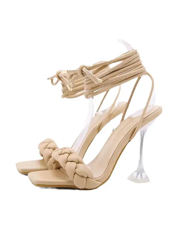 Lace-Up Open-Toe Panel Detail Square Heeled Sandals