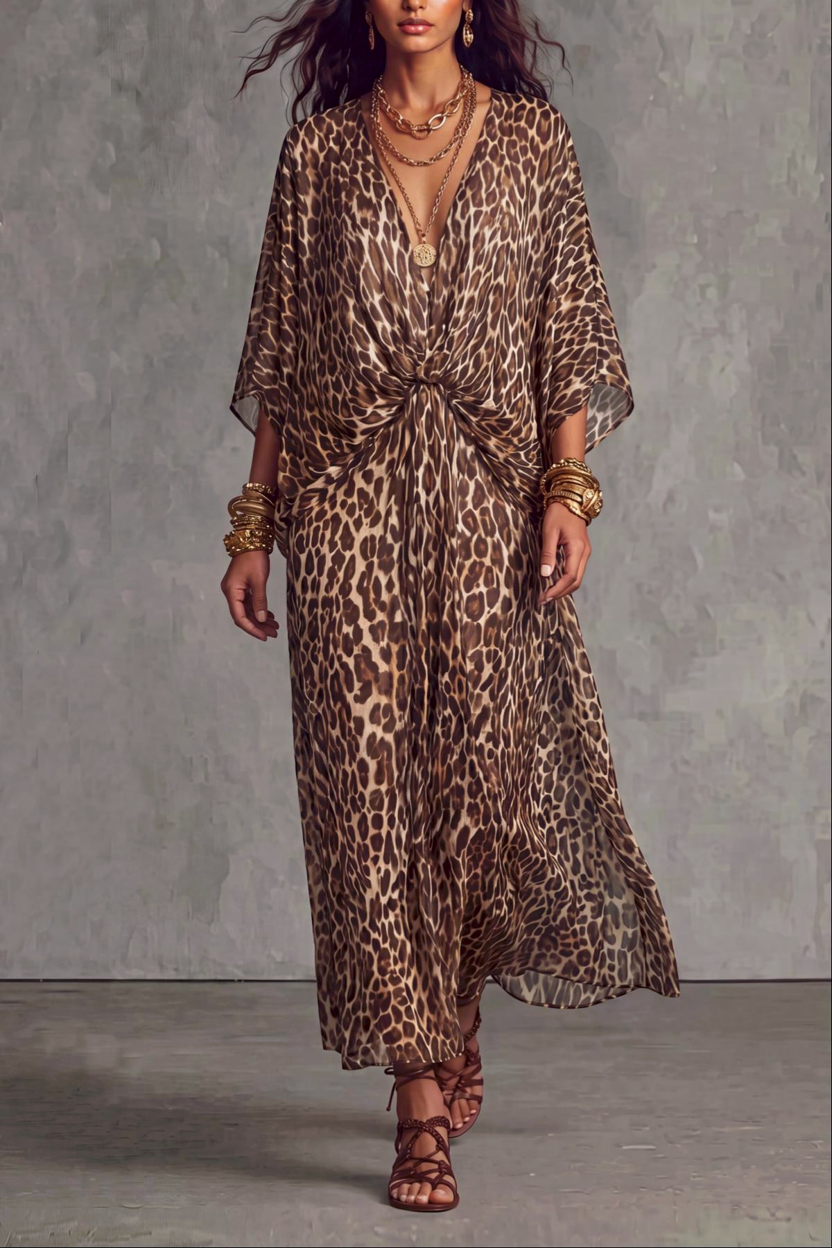 Batwing Sleeve Leopard Pattern Printed Maxi Dress