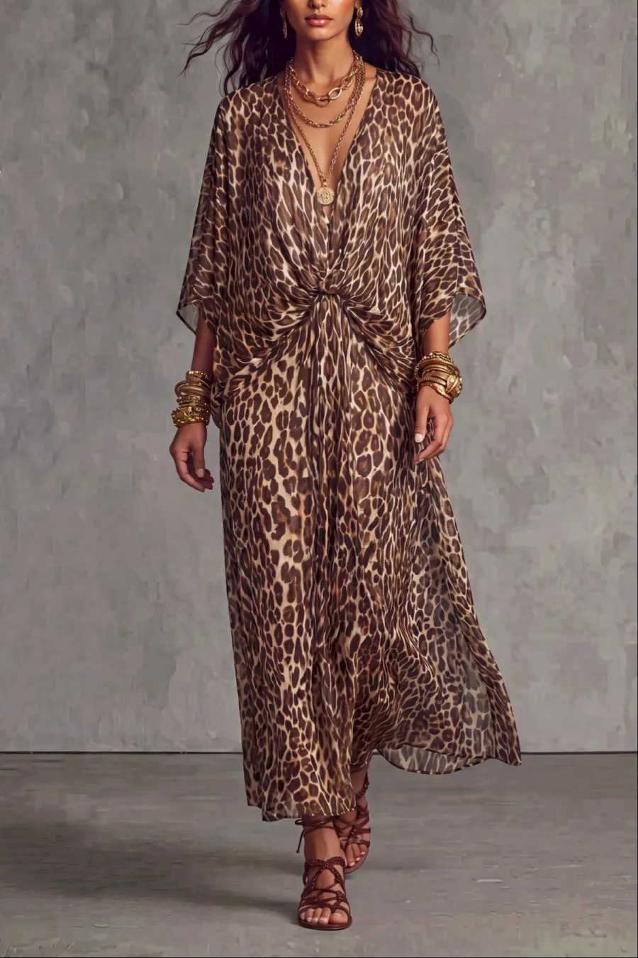Batwing Sleeve Leopard Pattern Printed Maxi Dress
