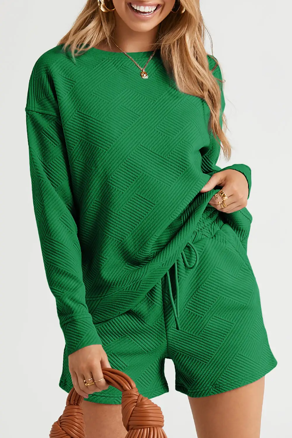 Women's Textured Long Sleeve Top and Drawstring Shorts Set
