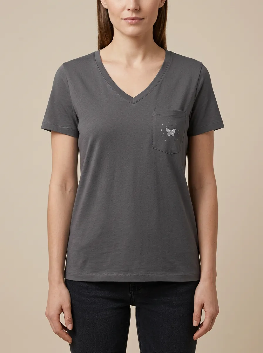 Women's Butterfly & Sparkle Graphic Pocket V-Neck T-Shirt