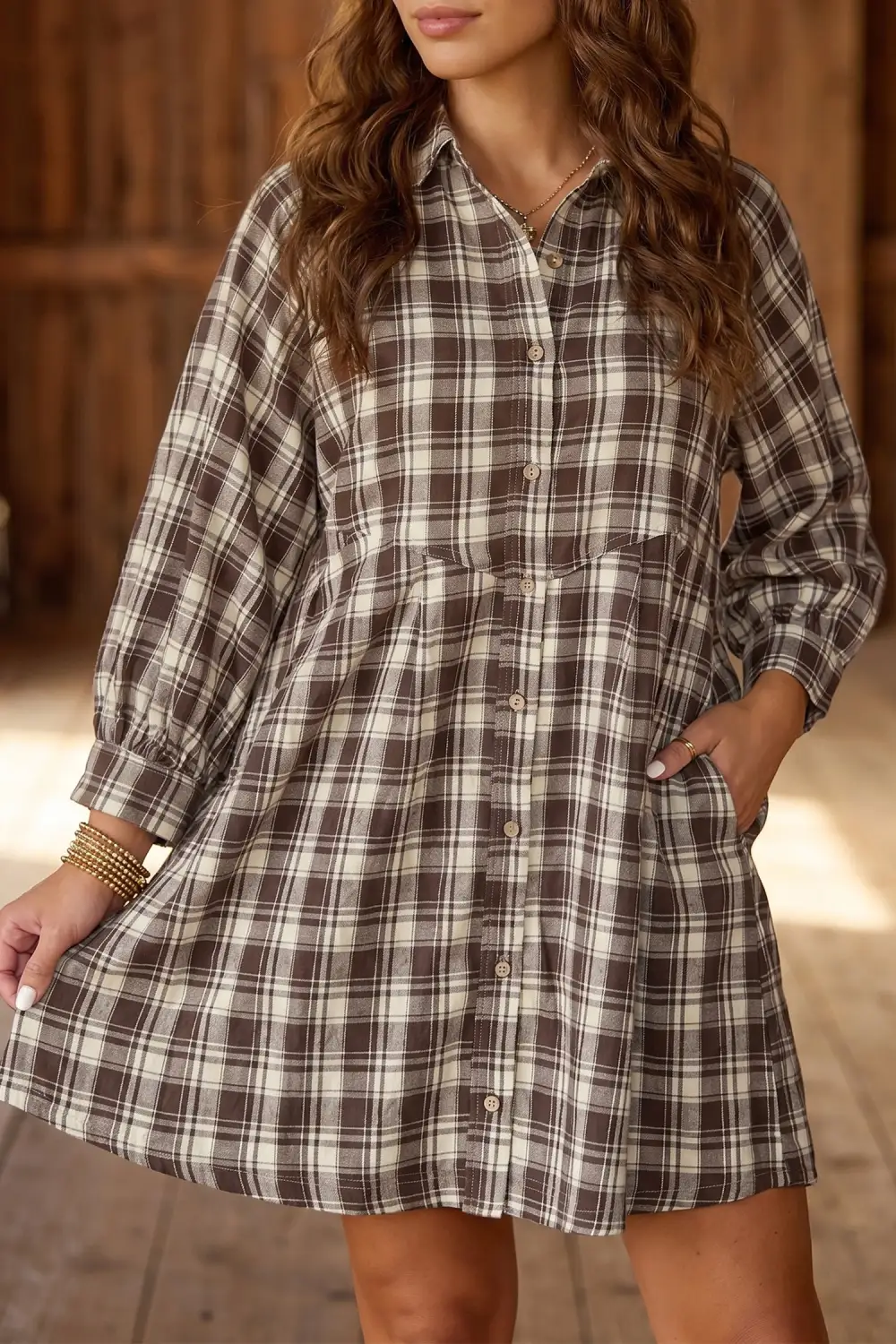 Women's Plaid Long Sleeve Shift Mini Dress