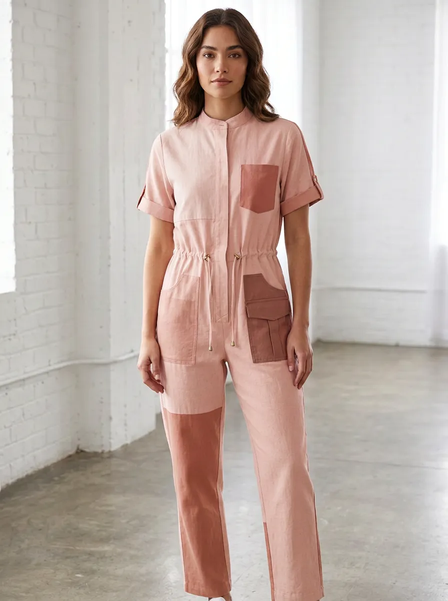 Women's Casual Earth Tone Colorblock Utility Jumpsuit