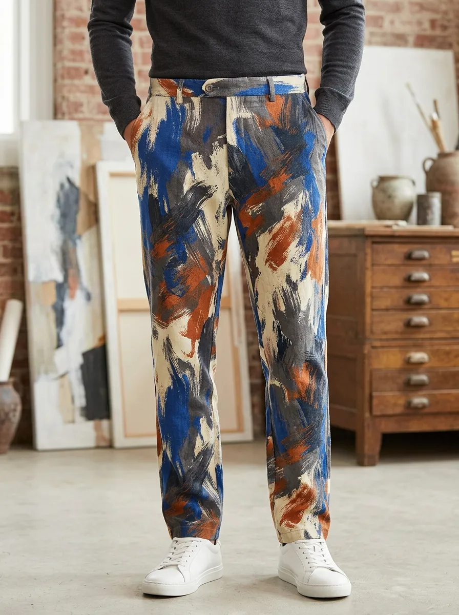 Men's Abstract Art Style Brushstroke Printed Trousers