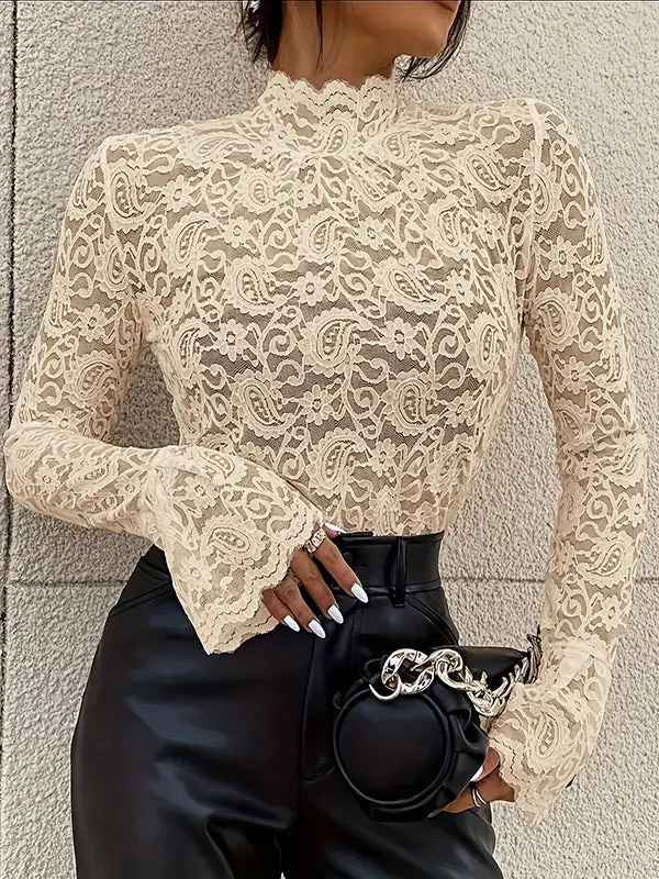 Sheer Panel Detail Mock Neck Flared Sleeve Long Sleeve T-Shirt