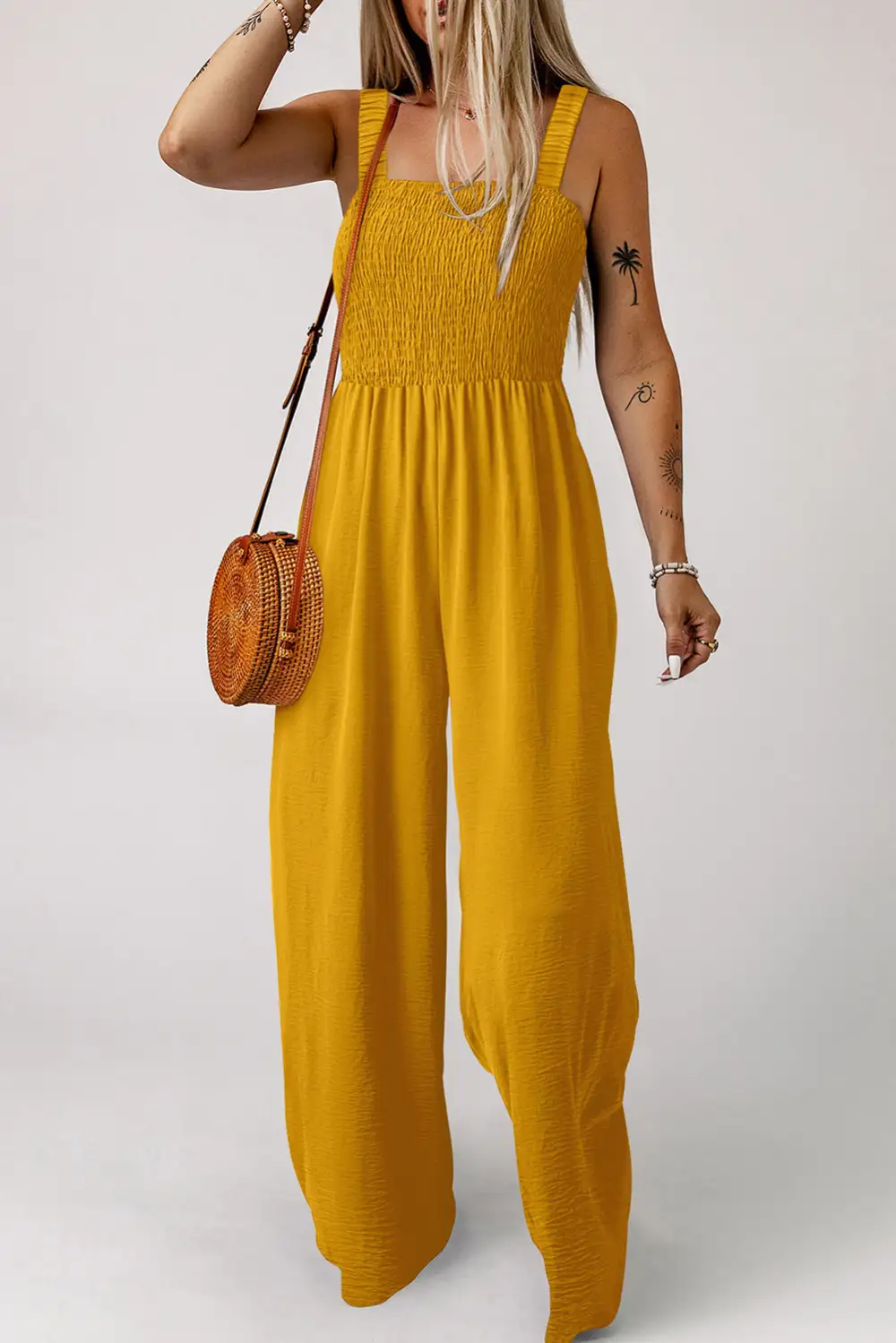 Ginger Smocked Sleeveless Wide Leg Pockets Jumpsuit
