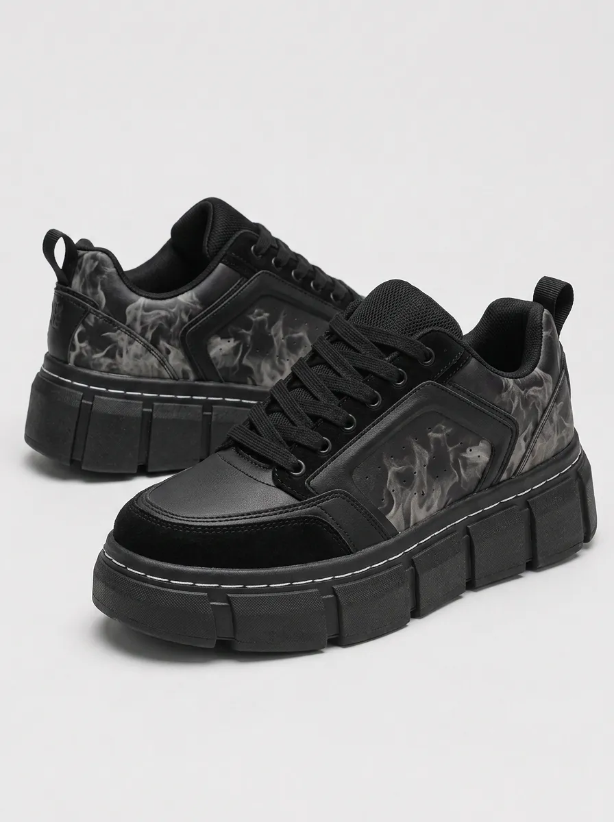 Men's Streetwear Black Smoke Pattern Printed Chunky Sneakers