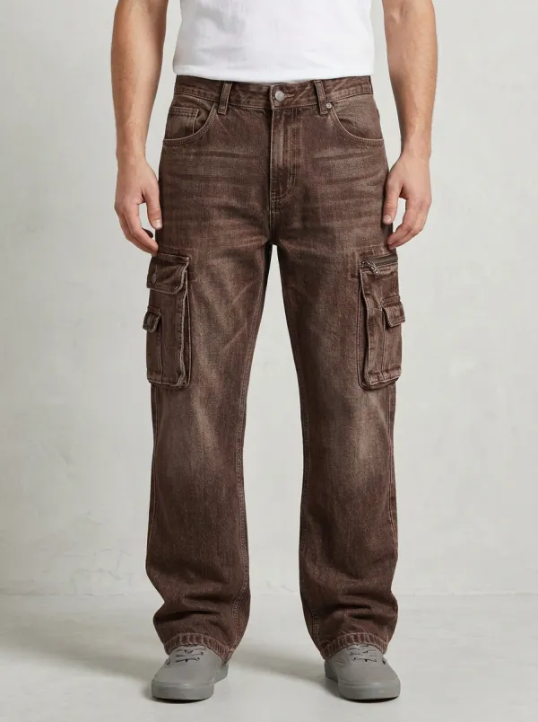Men's Streetwear Washed Denim Multi-Pocket Cargo Jeans