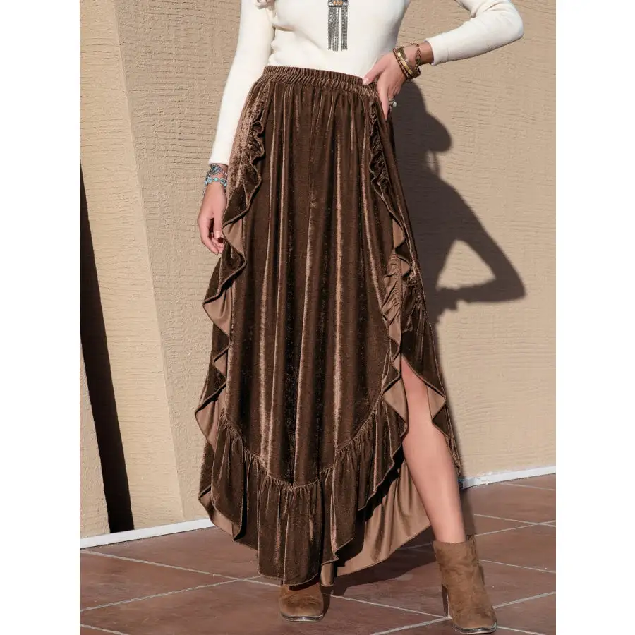Ruffle Trim Wide Leg Slit Pants