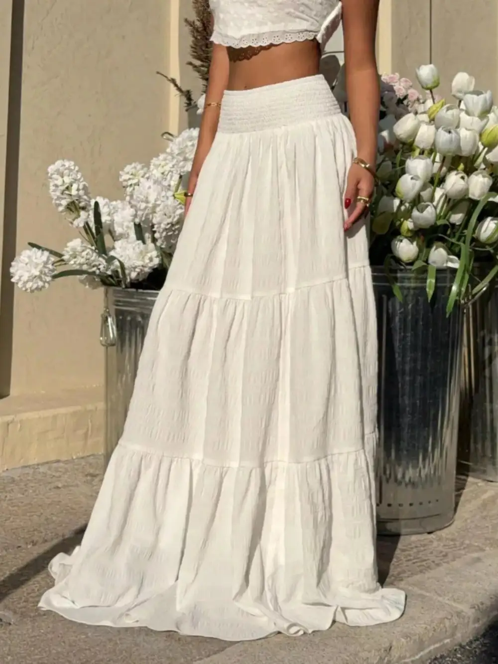 Smocked Tiered Flowy Maxi Skirt