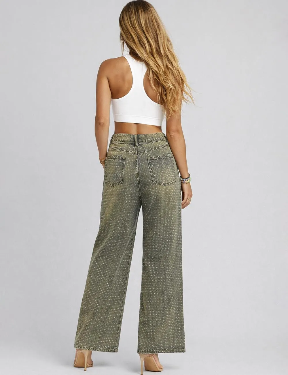 Sparkle Rhinestone Straight Wide Leg Denim Pants
