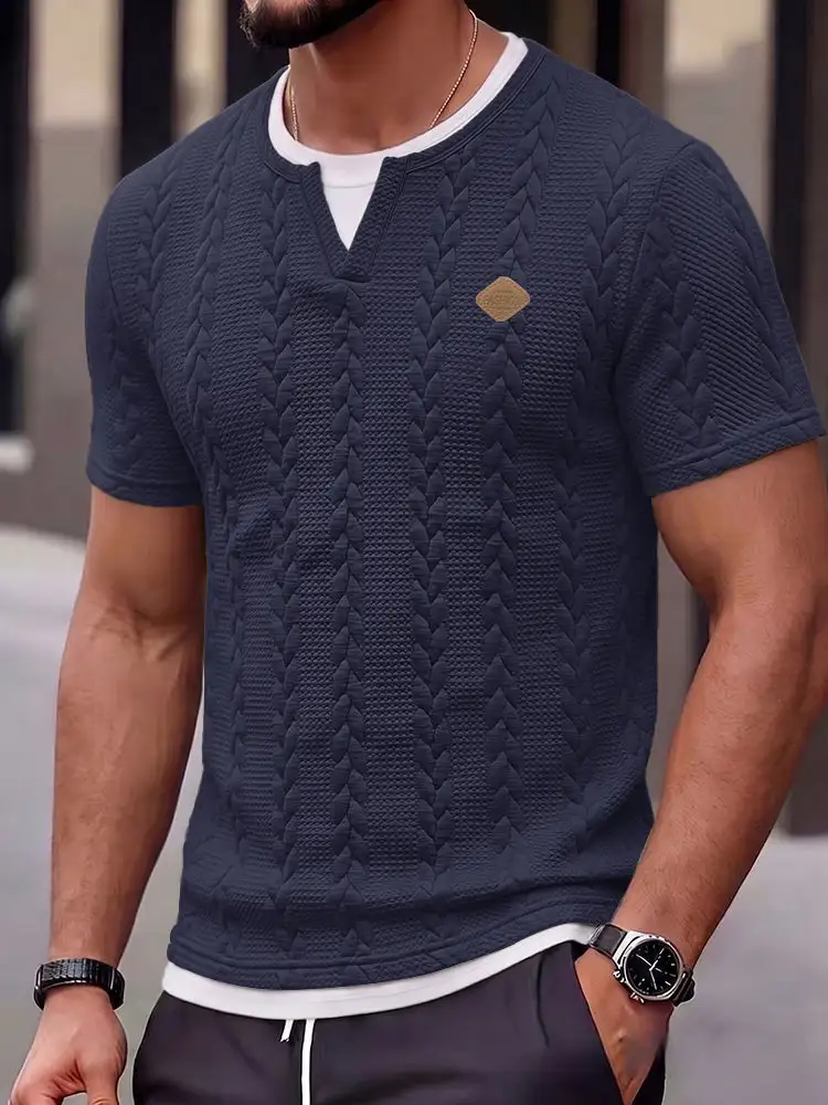Cable Knit Faux Two-Piece Short Sleeve T-Shirt Two Set