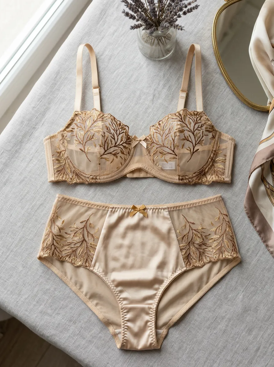 Women's Elegant Leaf Embroidered Mesh Lingerie Set