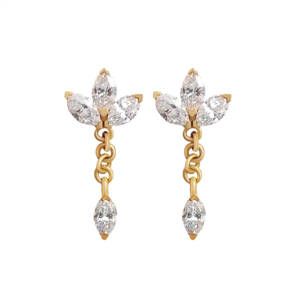 Marquise Flower Dangle Diamond Earrings With Chain