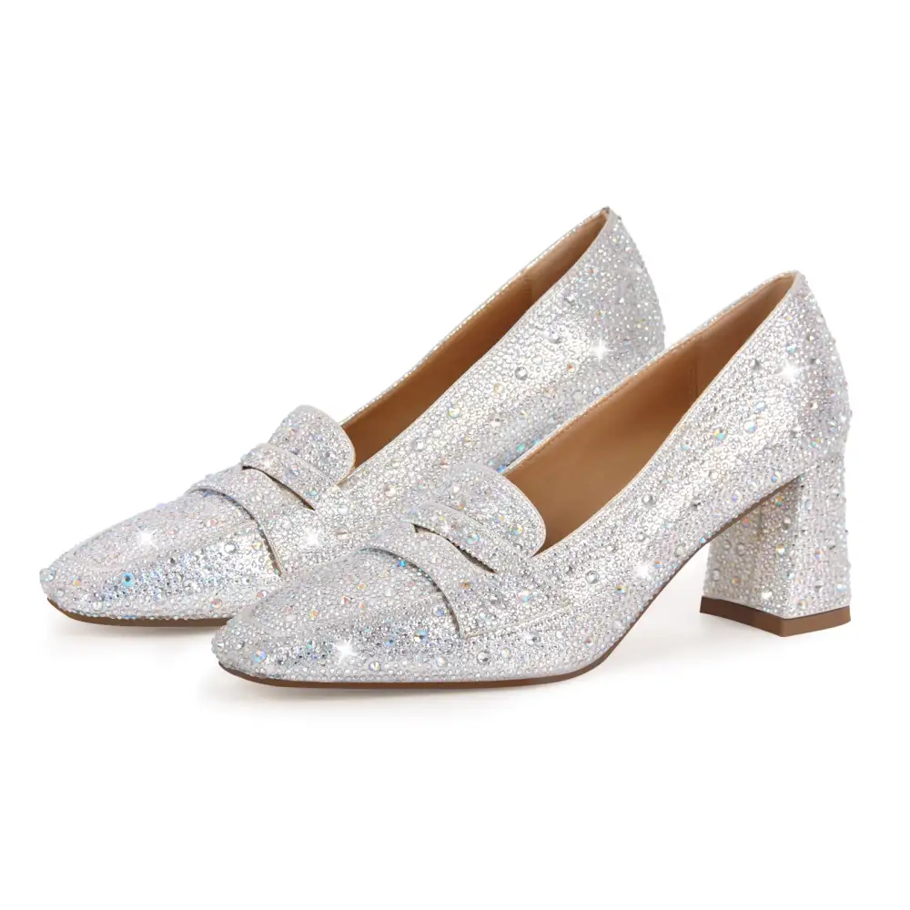 Rhinestone Square Toe Chunky Heel Pumps