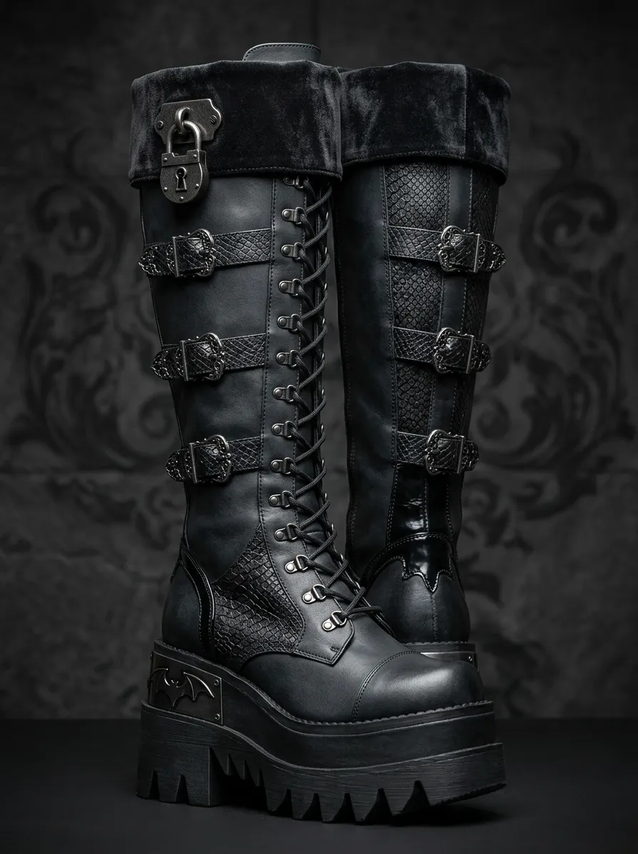 Modern Gothic Bat Snake Buckle Silhouette Women's Gothic Platform Boots