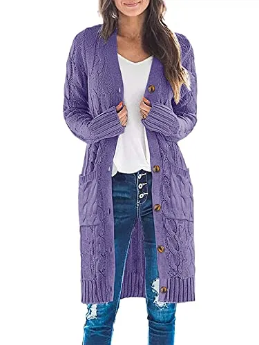 Womens Long Sleeve Cable Knit Long Cardigan Open Front Button Sweater Outerwear
