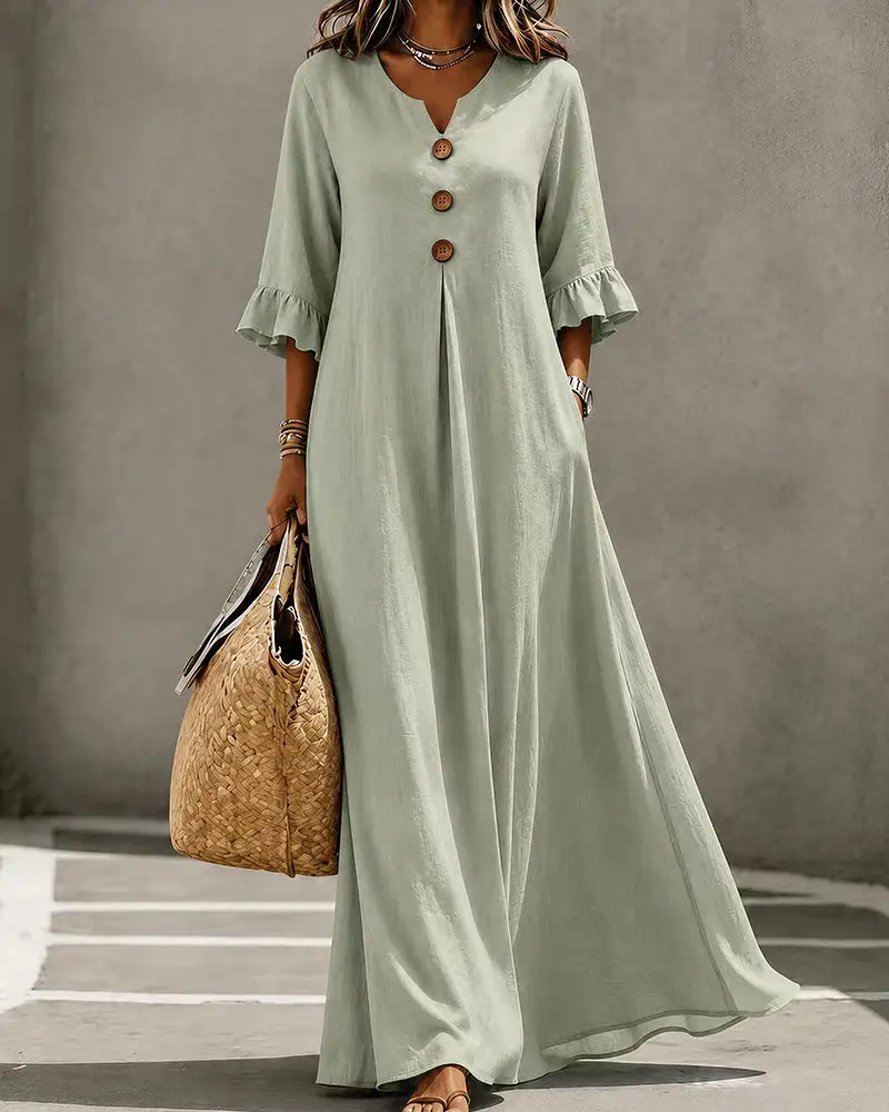 Effortless Boho V-Neck Ruffle Sleeve Maxi Dress