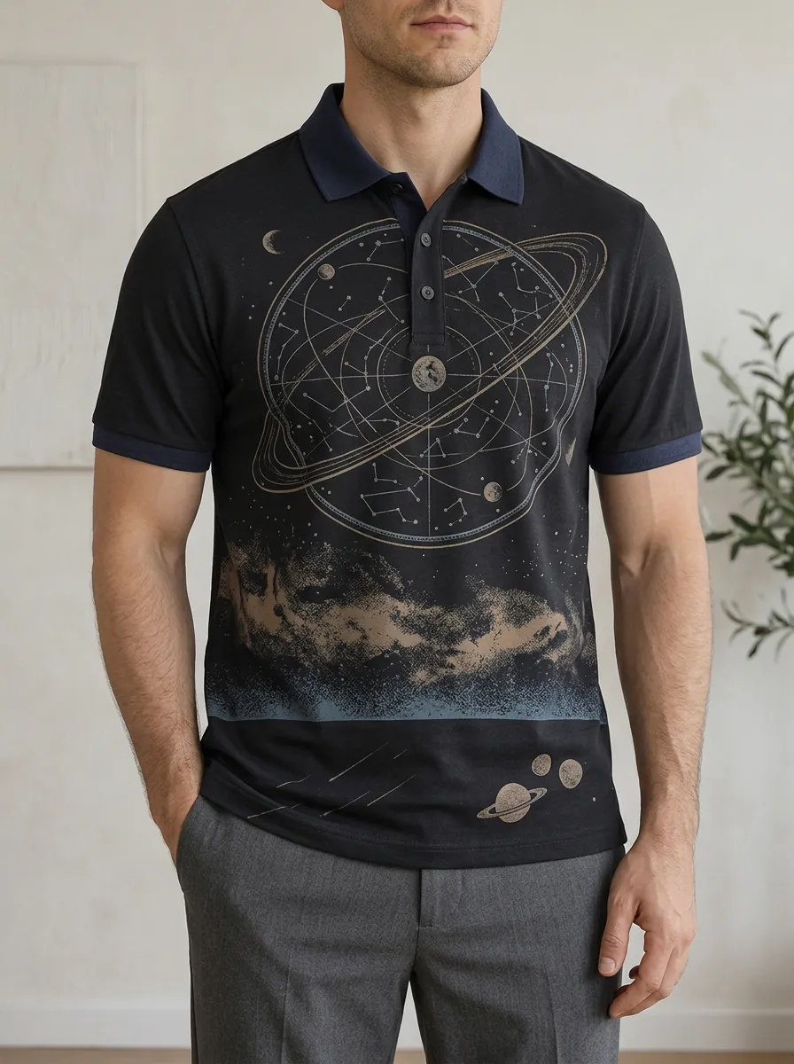Men's Astronomy Space Lover Solar System Printed Polo Shirt