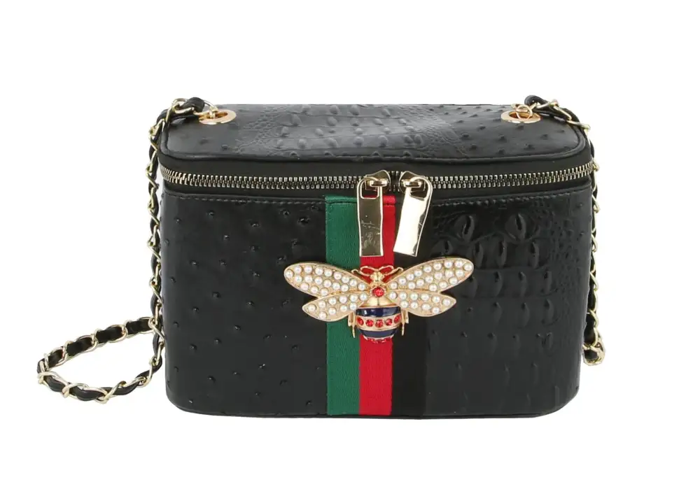 Embossed Crystal Accent Chain Accent Faux Leather Shoulder Bag