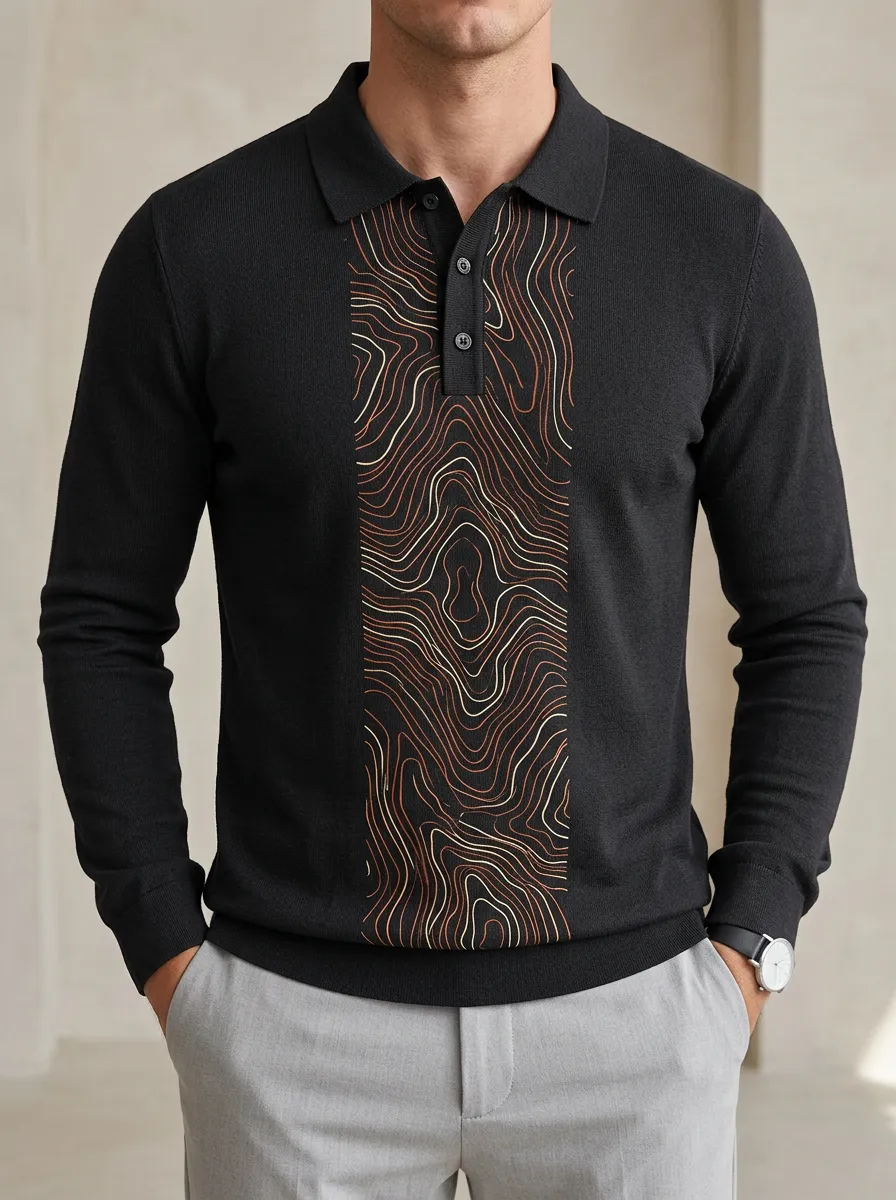 Men's Abstract Topographic Line Printed Long Sleeve Polo Shirt