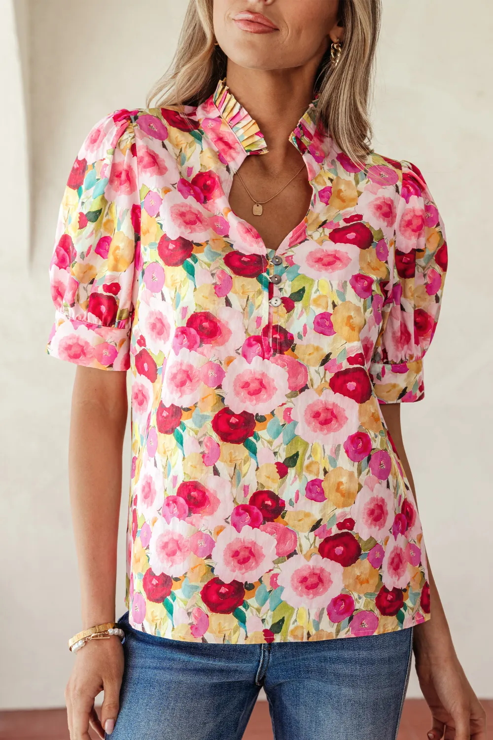 Pink Floral Frilled V Neck Blouse