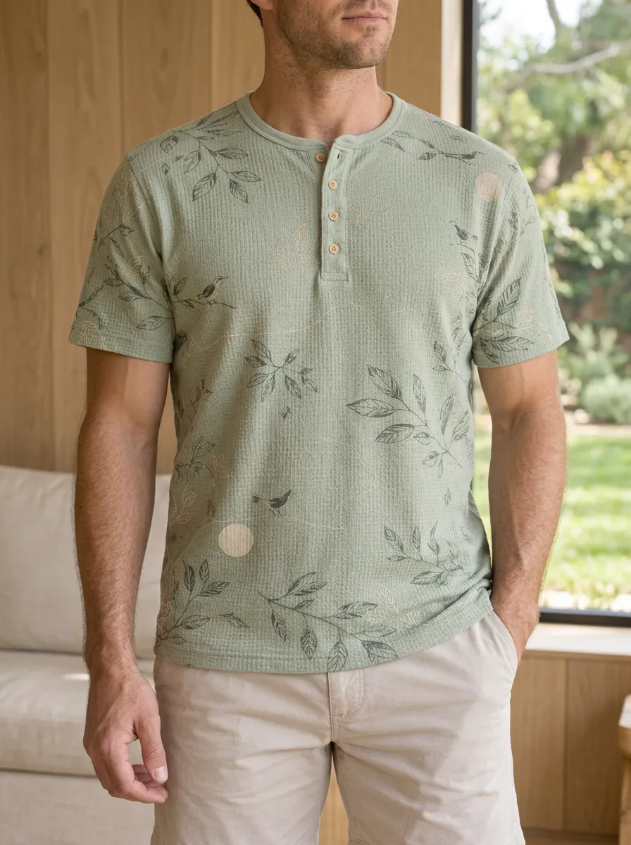Men's Casual Nature Lover Botanical Bird Henley T-Shirt