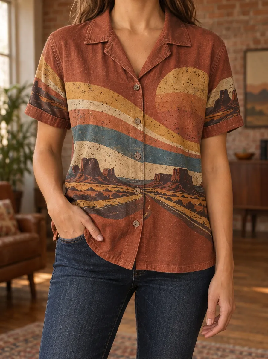 Women's Scenic Retro Desert Landscape Sunset Shirt