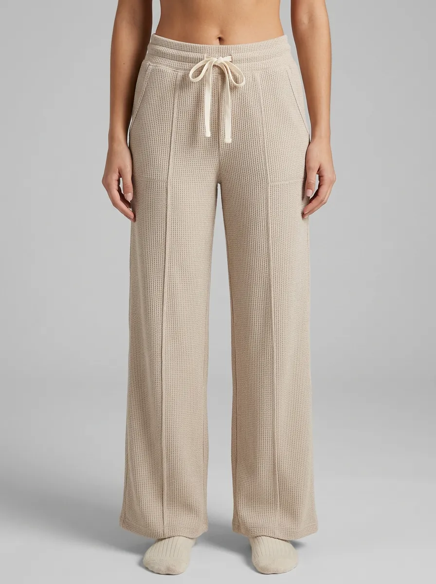 Women's Beige Waffle Knit Drawstring Wide Leg Lounge Pants