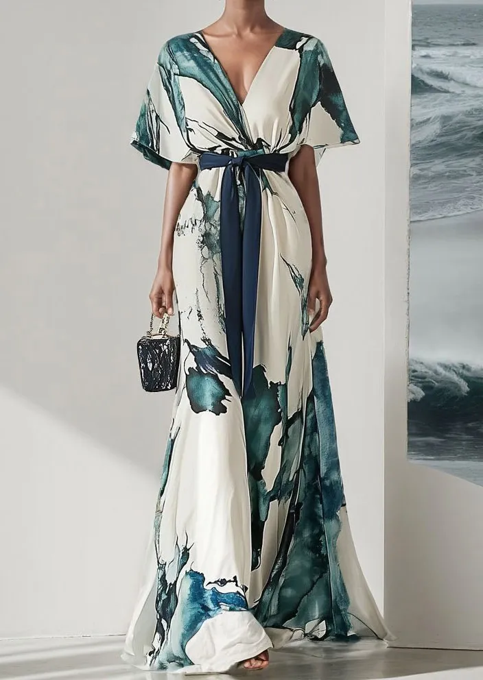 Watercolor Print V Neck Maxi Dress