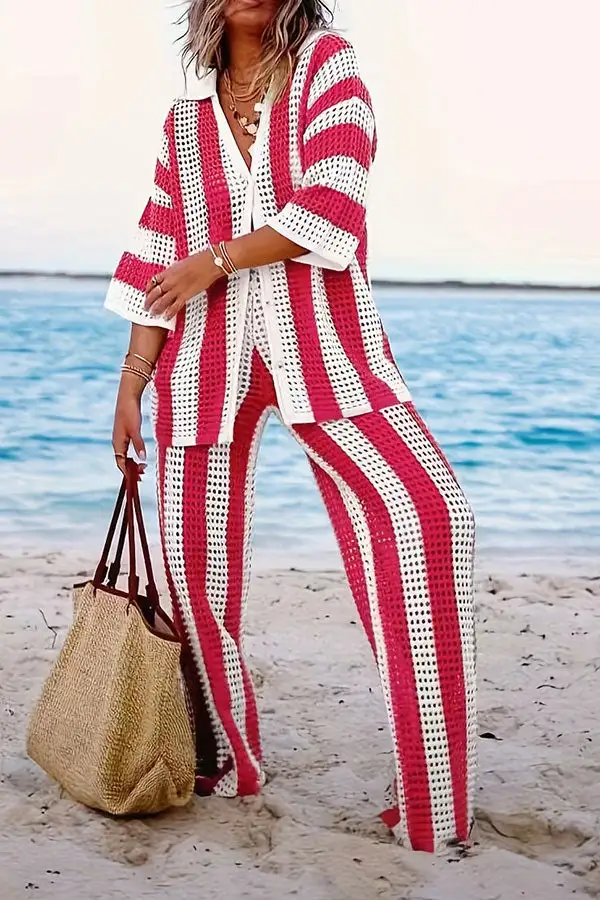 Colorblock Cutout Polo Neck Pant Set