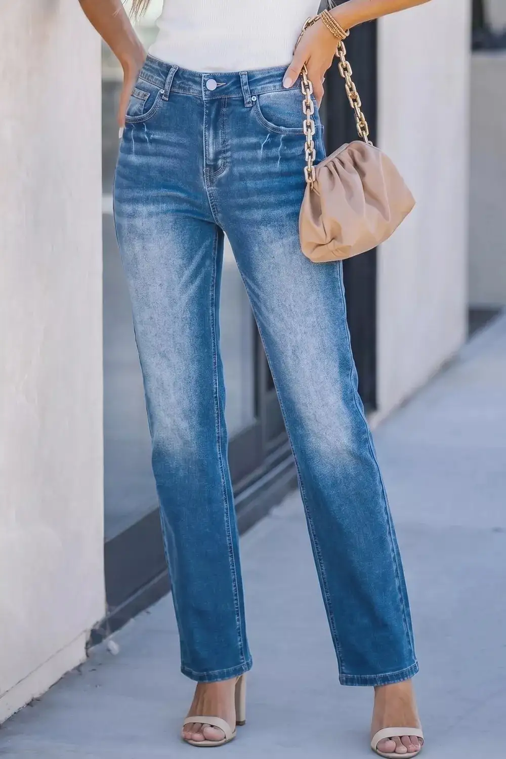 Washed Pocketed Stretch Straight Leg Jeans